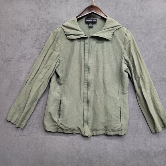 August Silk Linen Silk Jacket Women's Size 10‎ Green Hooded Zip Up Lightweight - Picture 1 of 6